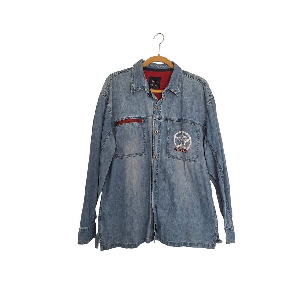 Bugle Boy Jean Company Mens Large Blue Denim Long Sleeve Button Down Shirt